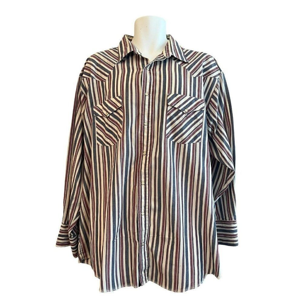 Western Frontier Mens 2XL Shirt Pearl Snap Long Sleeve Blue White Striped Vtg